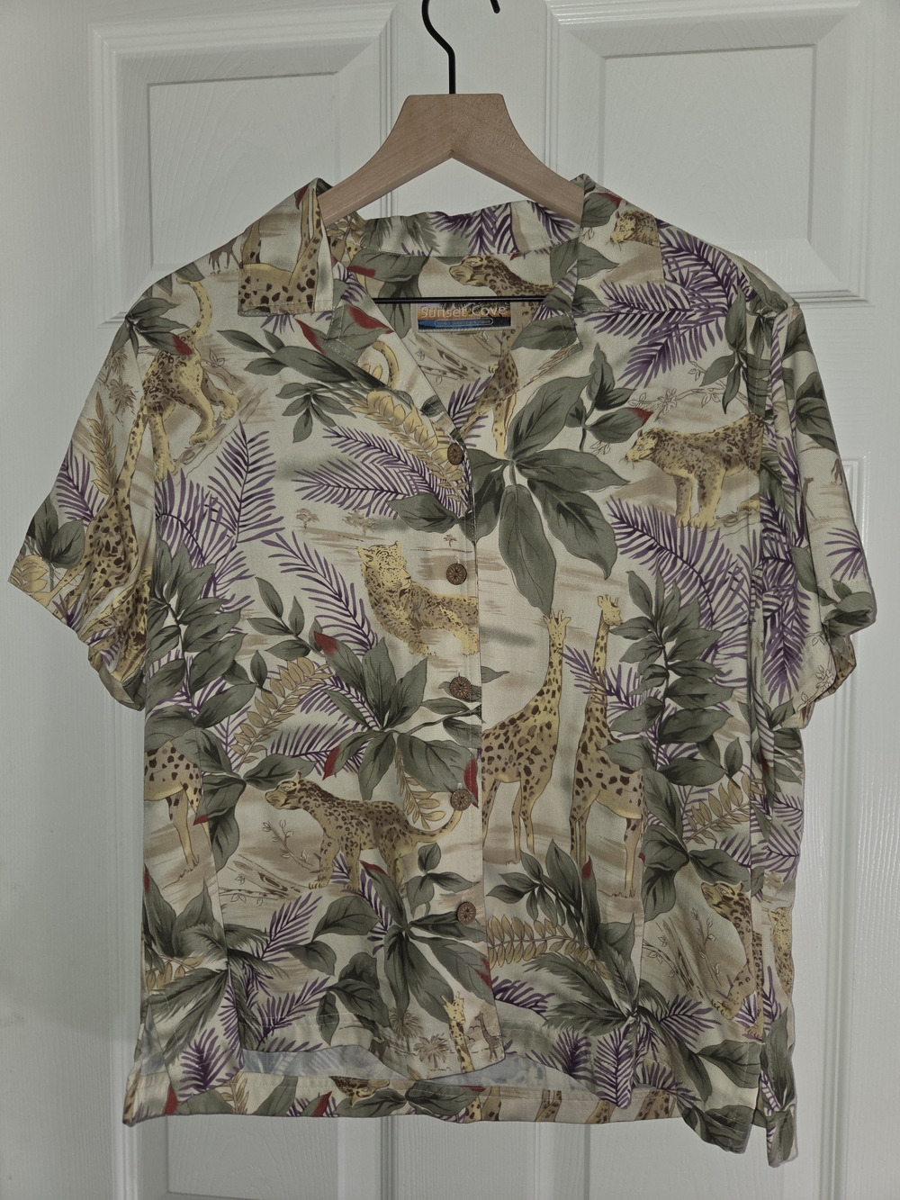 Beige Tropical Animal-Print Short Sleeve Button-Down Shirt